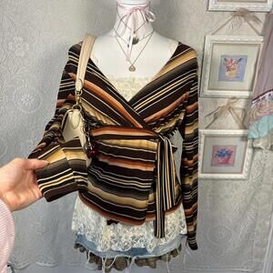 y2k striped wrap tie blouse